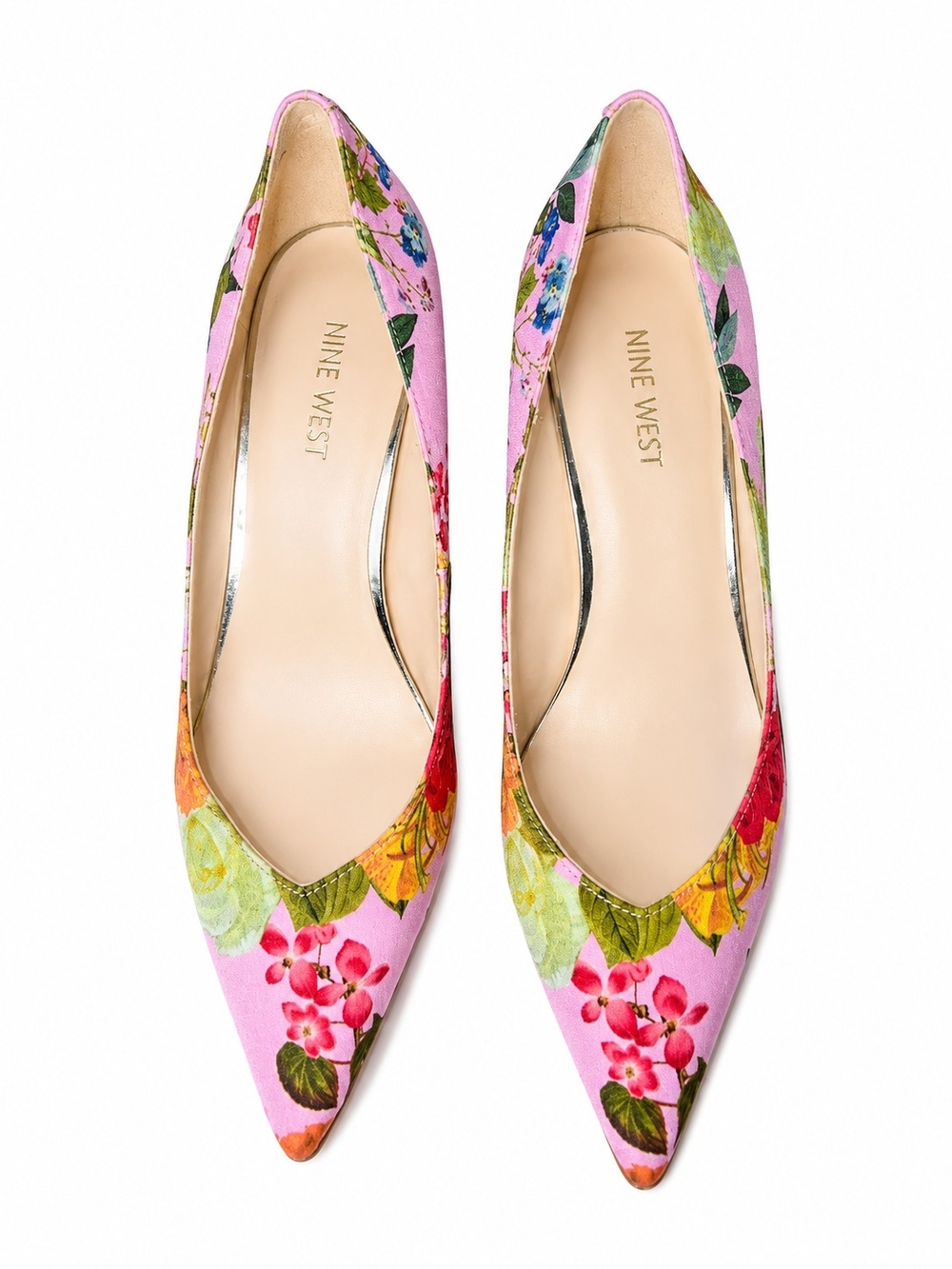 Nine West Pink Floral Pointed Toe Flats with Multicolor Botanical Print
